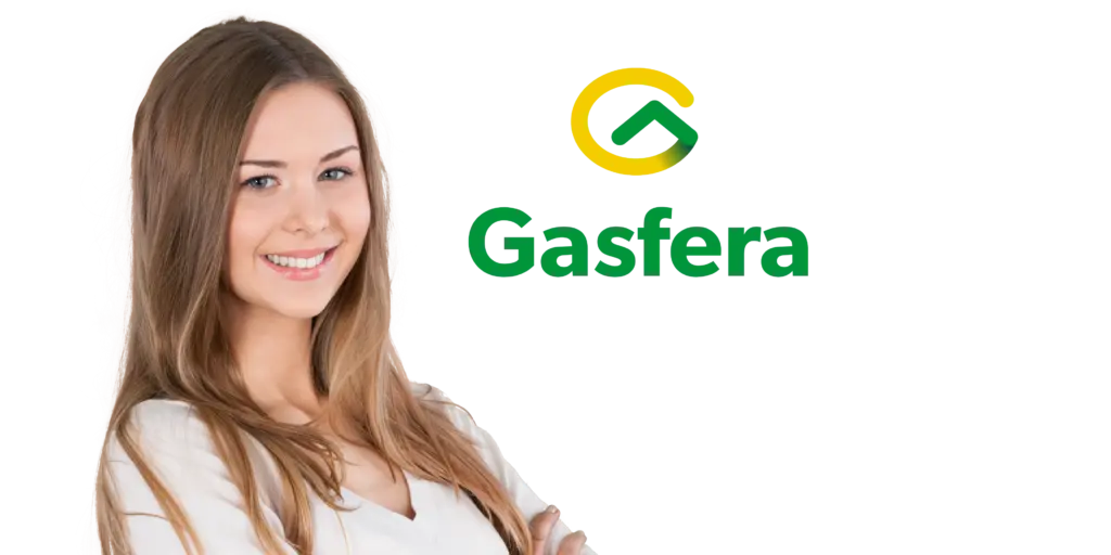 Logo de Gasfera con una persona a un lado mostrando confianza y seguridad por el servicio